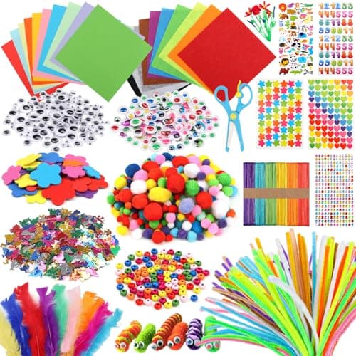 DOITEM Pipe Cleaners Craft Supplies 1500Pcs Arts and Crafts Supplies Including Pipe Cleaner Wiggle Googly Eyes Pom Poms Feathers Sticks Sequins Foam Flowers Papers Felt Stickers