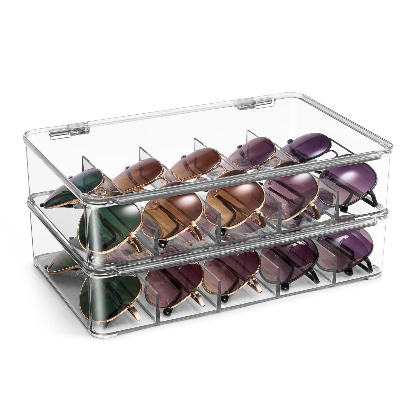 Sorbus Sunglasses Organizer Plastic Stackable Eyeglass Case Storage Organizer for Multiple Glasses Reading Glasses Sunglass Holder with Hinged Lid for Eyewear Display Includes 5 Sections 2 Pack