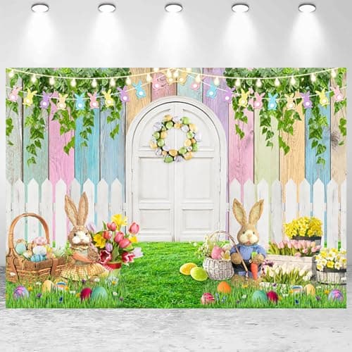 7x5ft Easter Backdrop Spring Easter Party Photography Background Garden Floral Grass Rabbit Eggs Colorful Wood Banner Decorations Photo Studio Props