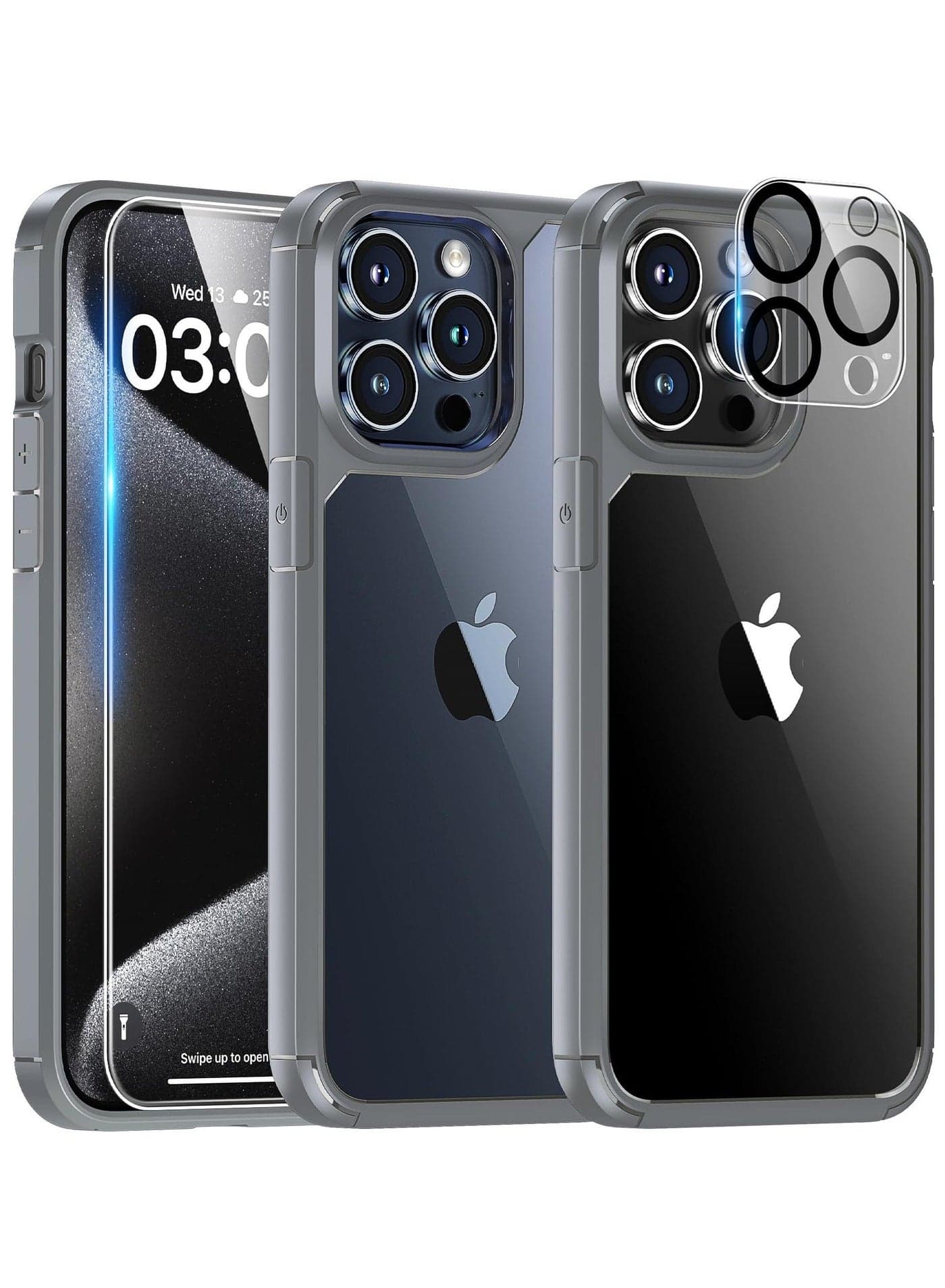 5-in-1 Protective Case Compatible with iPhone 15 Pro Max 6.7-inch Clear Back Cover X1, Tempered Glass Screen Protector X2, Camera Lens Protector X2, Slim Fit Phone Cases Grey