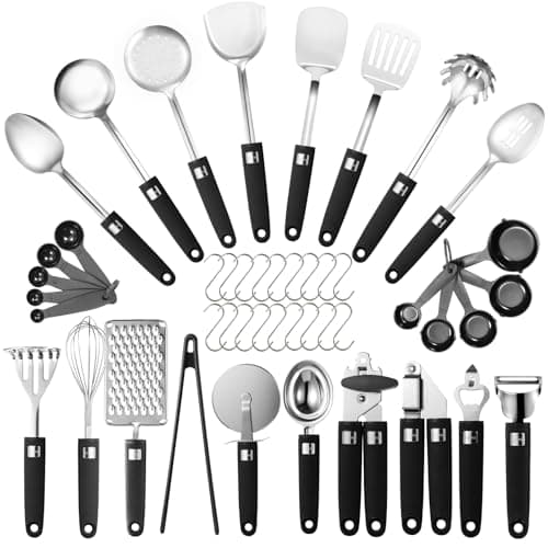 46Pcs 18/8 Stainless Steel Kitchen Utensils Set, Stainless Steel Cooking Utensils, Complete Tools with Metal Kitchen Gadgets for Beginner Cooks, Apartment Dwellers, Homemakers, Dishwasher Safe