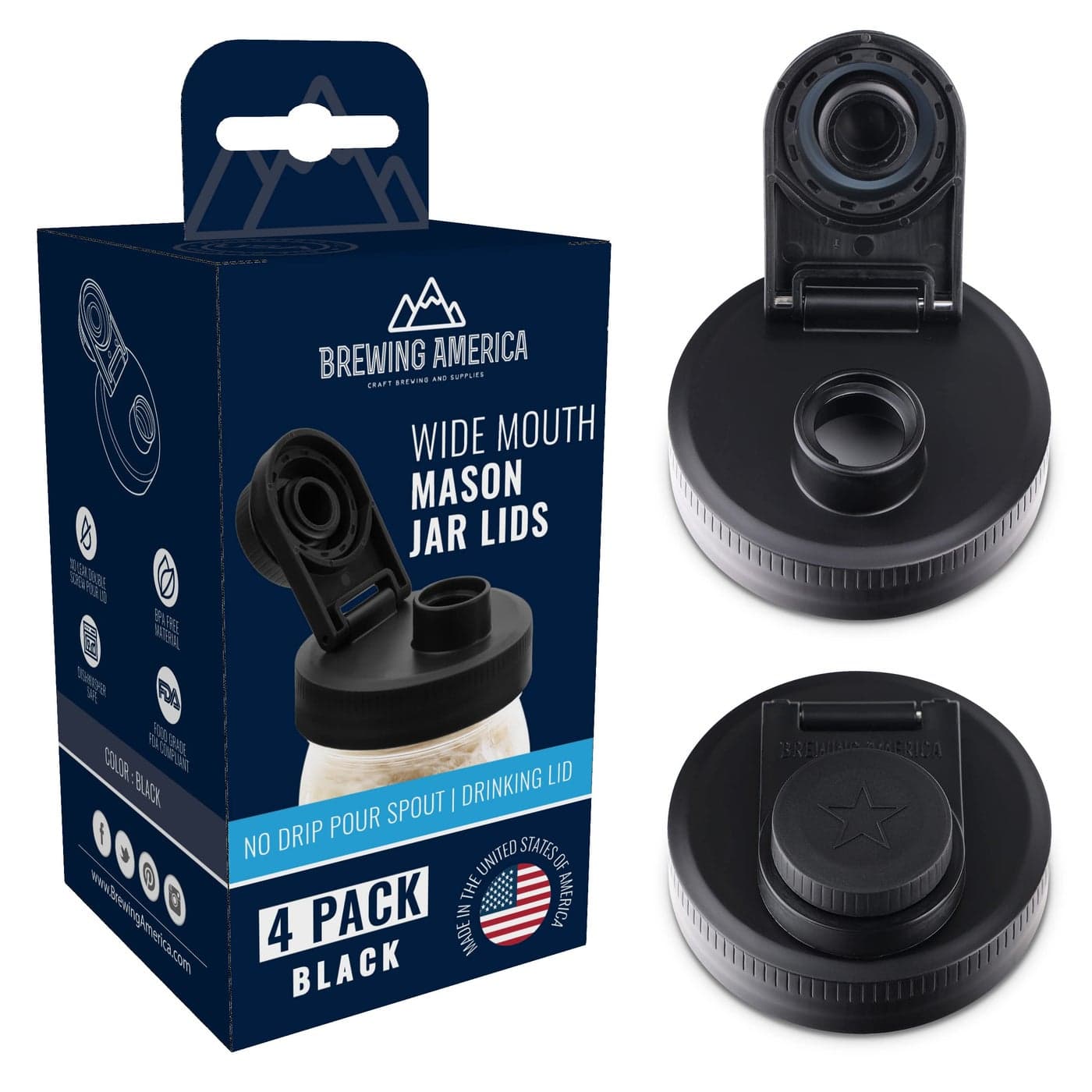 Mason Jar Lids Wide Mouth Plastic 4 packUSA MadeFlip Cap Screw Top Pour Spout Drink Hole Leakproof for Kerr and Ball Canning Jars Airtight for Drinks to Go and Controlled Pouring Black