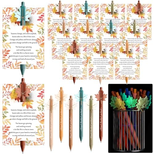 Sayglossy 30 Set Christmas Friendsmas Gifts Bulk Fall Ballpoint Pen Luminous Maple Leaf Pens with Greeting Card Autumn Maple Leaves Themed Gift for Christmas Teacher Coworker Employee