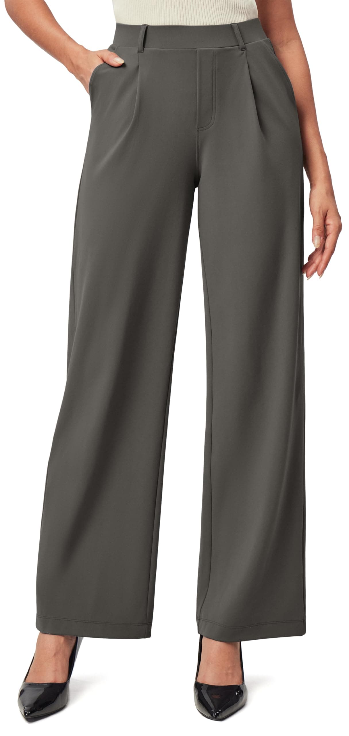 IUGA Womens Dress Pants Wide Leg Pull On Stretchy Work Pants Women High Waisted Business Casual Trousers with Pockets