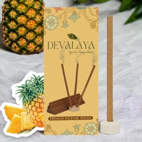 Devalaya Queen Pineapple Dhoop Sticks (20 Sticks, Pack of 1), Bambooless Incense Sticks, Agarbatti for Pooja, 100% Charcoal-Free,4-inch Length, 25-Minute Burn Time with Ceramic Strand