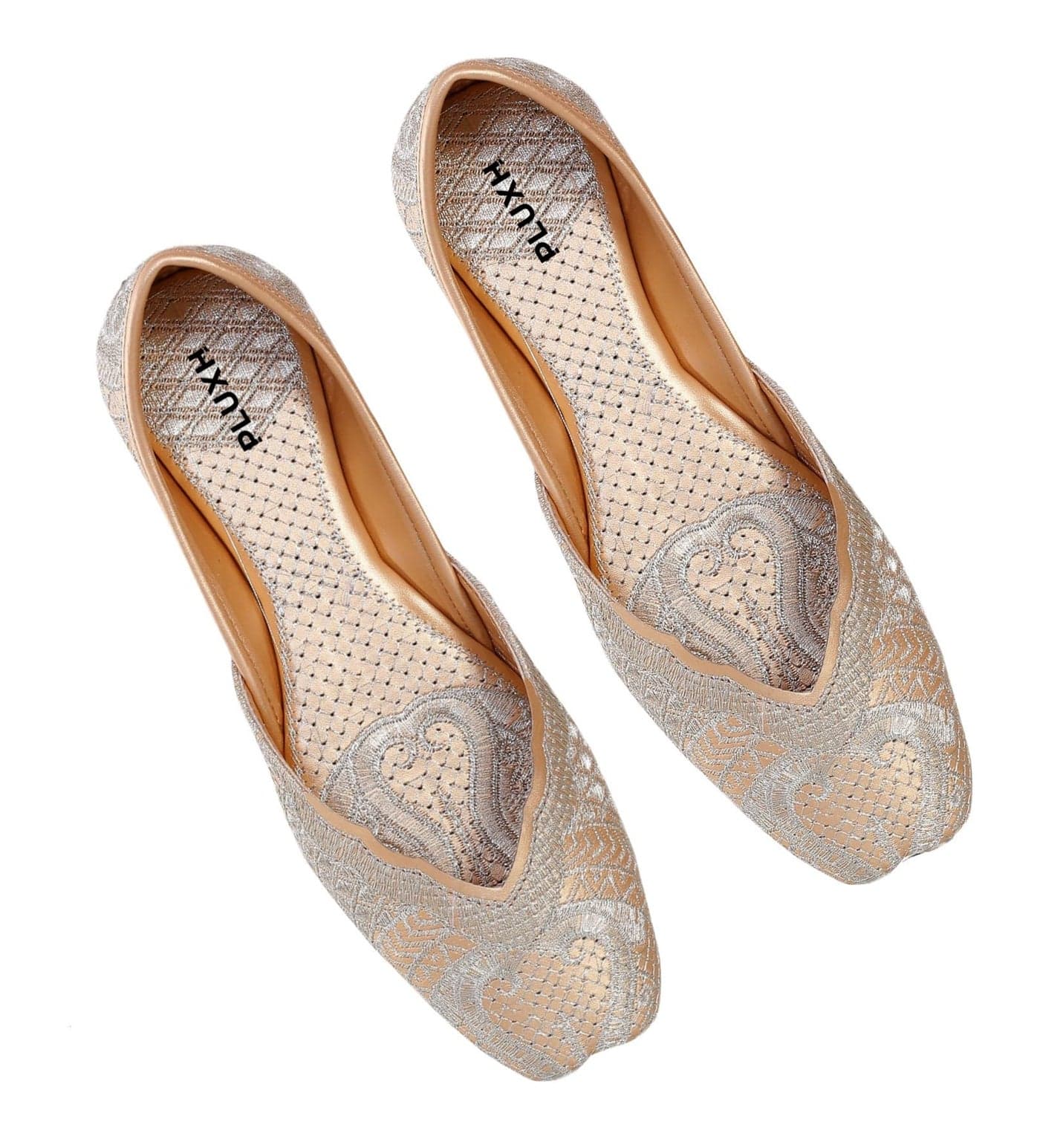 Pluxh Women’s Net Embroidered Ethnic Jutti Flats | Soft Cushion Slip-On Traditional Footwear for Daily & Occasion Wear| 4 UK Golden