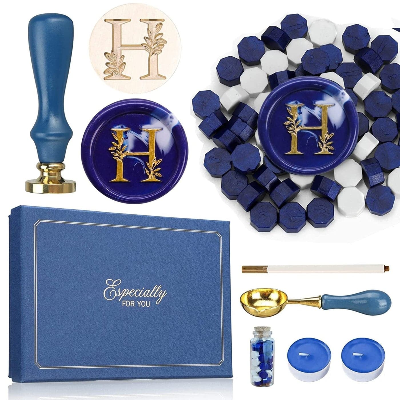 SWANGSA Initial Alphabet H Wax Seal Stamp Kit Vintage Elegant Botanical Leaves Letter Sealing Stamp with Sealing Wax Beads Gift Box Kit