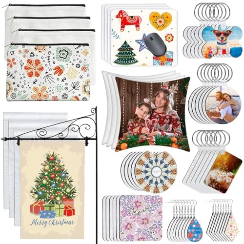 114Pcs Sublimation Blanks Products, Sublimation Blanks Set Including DIY Blank Makeup Bag, Keychain, Earring, Pillow Cover, Mouse Pad, Coaster, Garden Flag for Sublimation Transfer Halloween Craft