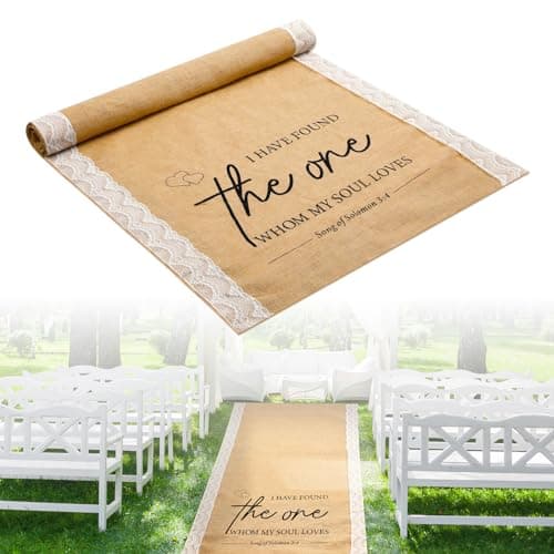 Tondiamo 3.33 ft x 15 ft Wedding Aisle Runner Outdoor Natural Burlap for Wedding Ceremony Wide Rustic Jute Carpet Rug with Lace Black Printing Outdoor Beach Ceremony Decorations for Garden Lawn Church