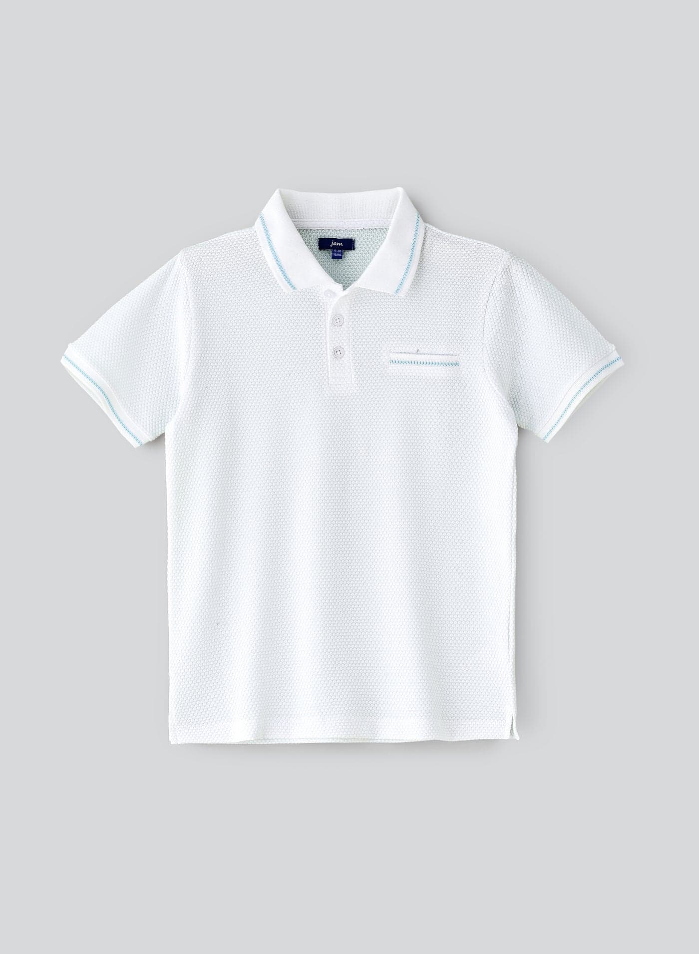 Boys' White Textured Cotton Polo Shirt with Blue Tipping