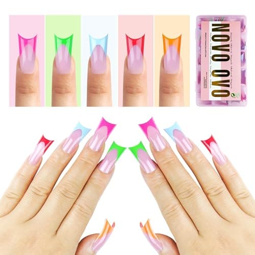 NOVO OVO Halloween French Tip Duck Feet Nail Tips 5 Mix Color Full Cover Press on Acrylic with Moon Curve Need Top Coat and Builder Gel Thick Medim Soft Gel False Nail Extension X 15 Sizes 150 Pcs