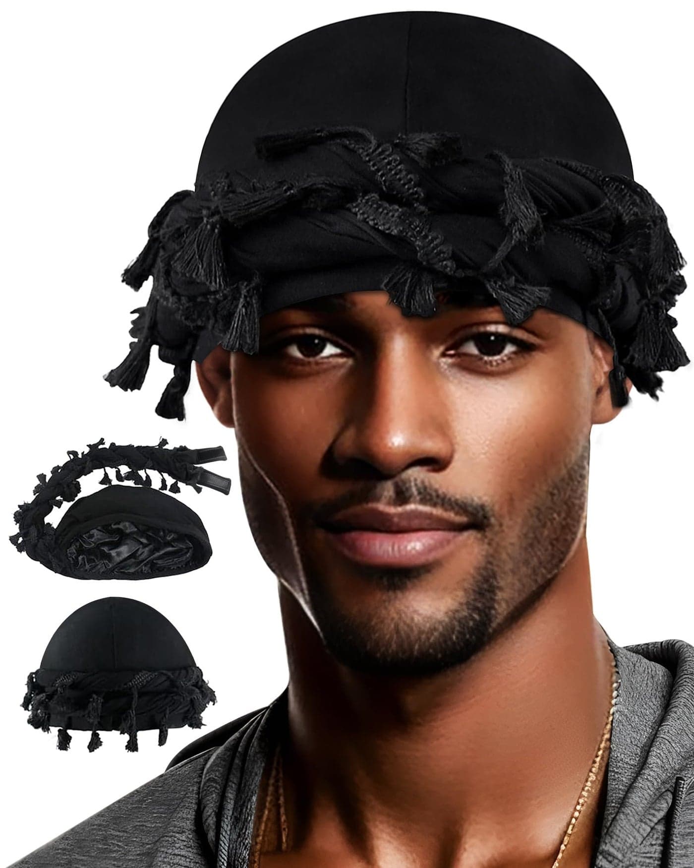 Ababalaya Adjustable Satin Lined Halo Turban Durag for Men &Women, Twisted Tassel Head Wraps, Beanie Hats for Hair Loss, Black, 1 PCS