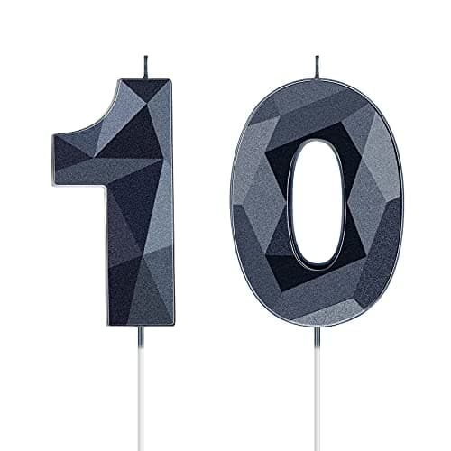 Nuanchu 10th Birthday Candles 3D Diamond Shape Number Candles Numeral Birthday Cake Topper Ten Years Old Cake Topper for Family Baking Theme Party Decoration Supplies Black