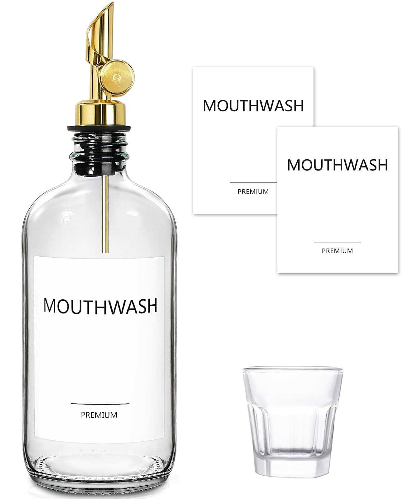 TOLDATLI Mouthwash Dispenser for Bathroom 1 Pack Glass Mouth Wash Container with Cup 17 Fl Oz Mouthwash Decanter Bottle Set Refillable Mouthwash Pump Dispenser