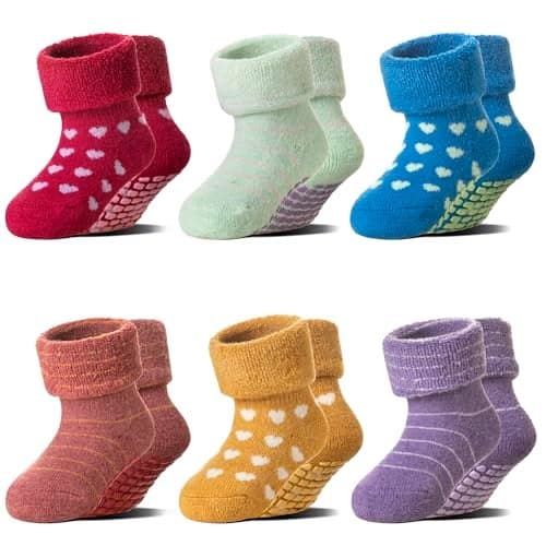 Eocom 6 Pairs Baby Boy Girl Non Slip Socks Child Toddler Winter Thick Soft Wool Kids Warm Socks with Grips(Stripe/Heart, 0-12 Months)