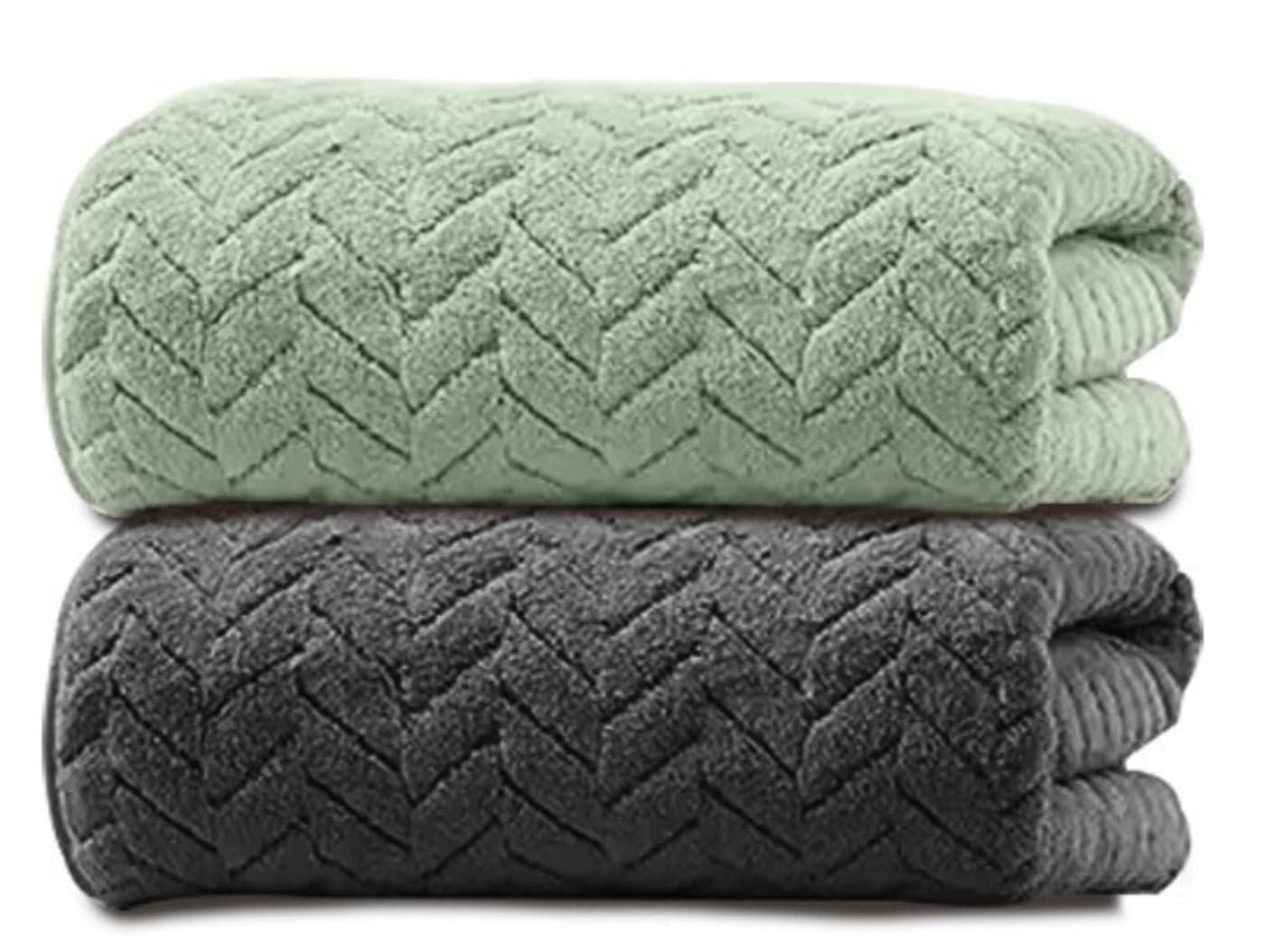 MAXOSHINE Microfiber Towels for Bath Large Size-Super Soft Coral Fleece Bathing Towel with Hook Quick Dry Super Absorbent-Bath Towel for Men and Women-70x140 cm 350 GSM (Green/Grey, Pack of 2)
