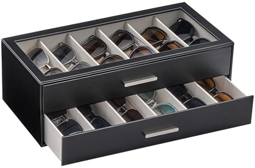 Lolalet 12 Slots Sunglasses Organizer, 2-Layer Sunglass Box with Transparent Glass Lid Display Case Storage Holder for Eyewear Eyeglass Multiple Pairs Glasses, Mothers Day Gifts-Black