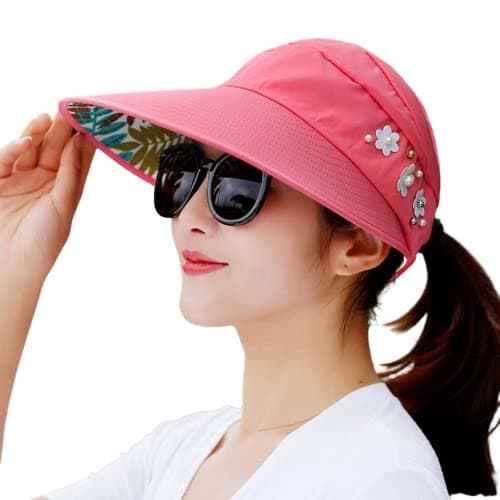 Alexvyan Polyester Sun Visor Hats For Women UV Protection Wide Brim Summer Cap For Girls Hat UV Protection Breathable Casual Beach Hat, Sun Protection Cap (Watermelon Red), Large