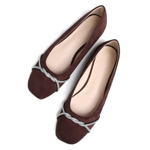 TN TANGNEST Womens Casual Flats Fashion Chain Square Toe Ballet Flats Rhinestone Flats Comfort Slip On Dress Shoes Latte Brown 41(8.5)