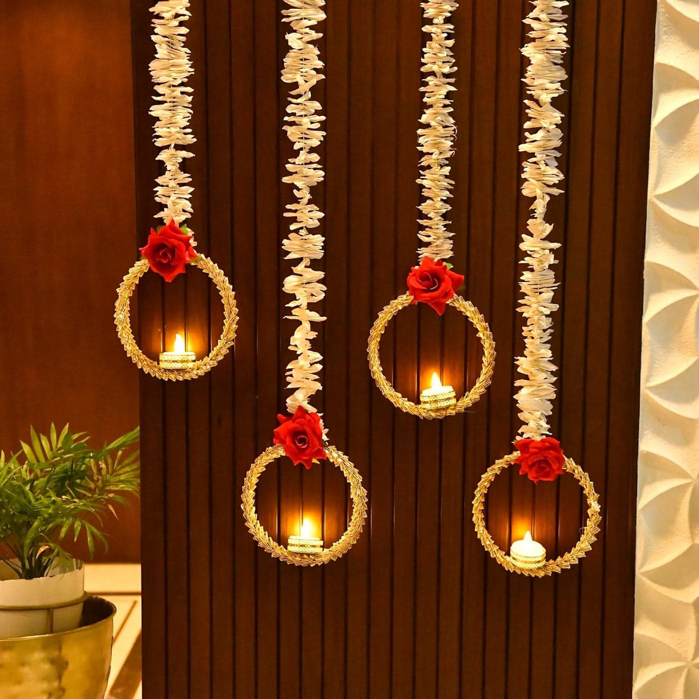 CraftVatika Diwali Decoration Items for Home Decor Wall Hanging Tealight Candle Holder Set of 4 Latkans Toran for Home Door Wall Decoration Red Rose Latkan Toran Diwali Deepawali Gifts