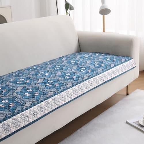 HOKIPO 'LiefNest' Holland Velvet Sofa Cover Mat with Foam Filling for 1/2/3 Seater & L-Shape Sofa. Make Your Own Sofa Cover Set, Mat Size: 220(L) cm, Geometric Floral Oriental Blue (IN-826-D4)