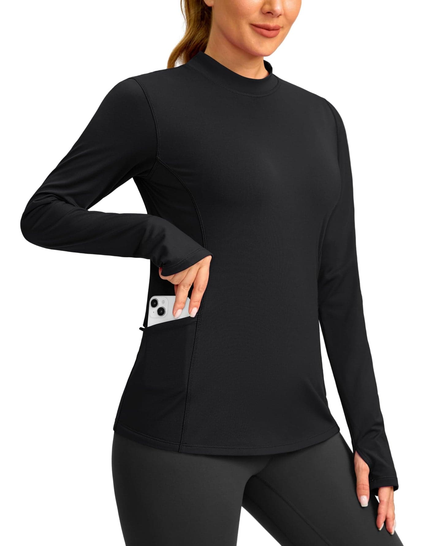 SANTINY Long Sleeve Thermal Shirts for Women Fleece Mock Neck Tops Winter Workout Running Gear with Zipper Pockets(Black_S)