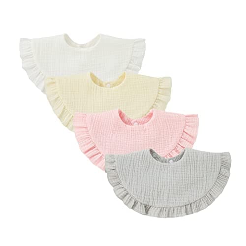 Nishine 4 pcs Unisex Baby Muslin Bandana Drool Bibs 360 Degree Rotatable Cotton Teething Feeding Drooling Bibs for Boy Girl white set