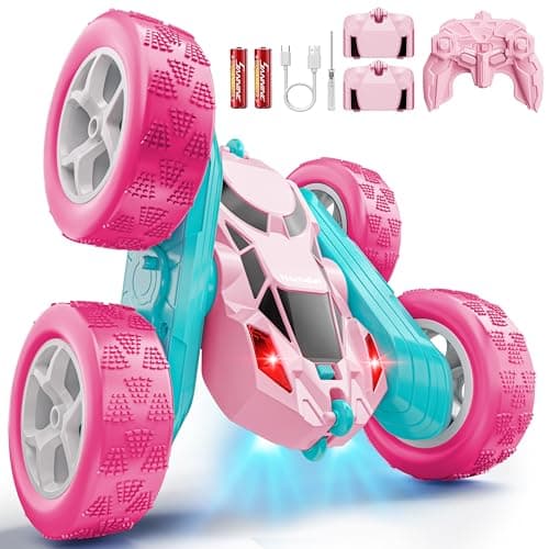 Hamdol Pink RC Car for Girls Age 6 360 Rotating Stunt Remote Control Vehicle with LED Lights Upgraded 4WD USBC Rechargeable Electric Toy Perfect Birthday Holiday
