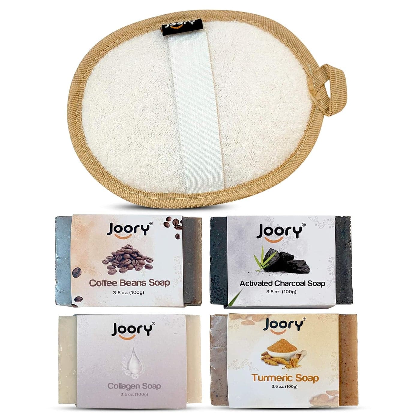 JOORY Natural Moisturizing Soaps for Women and Men 4 Bath Soaps with Exfoliating Egyptian Loofah Body Scrubber Vegan Friendly Cold Pressed Charcoal Coffee Beans Turmeric and Collagen Soaps