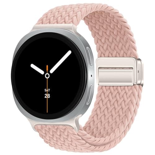 BandRain Stretchy Braided Bands Compatible with Samsung Galaxy Watch 8 Band 40mm 44mm/Galaxy Watch 8 Classic 46mm, Elastic Nylon Wristband Sport Strap for Galaxy Watch 8 2025 Women Men (Cream Pink)