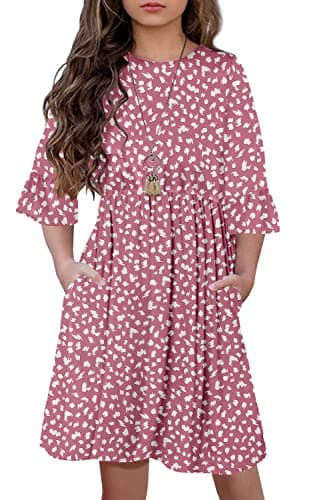 HOSIKA Girls Long Sleeve Dress Vintage Floral Leopard Print Pleated Casual Loose Flowy Twirly Dress for Kids 12 Years Pink XL