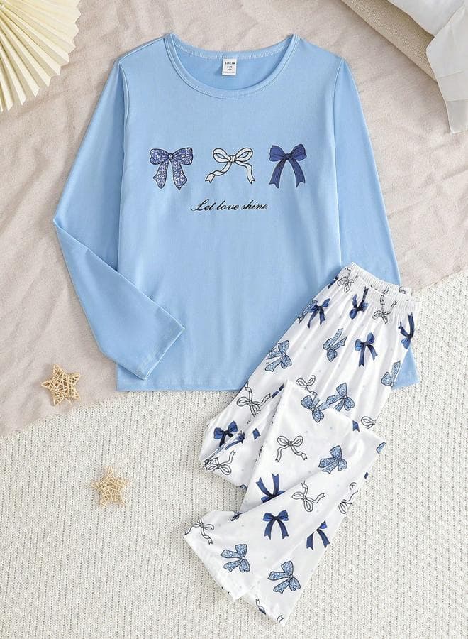 Girls Blue Bow Print T-Shirt And Pyjama Set
