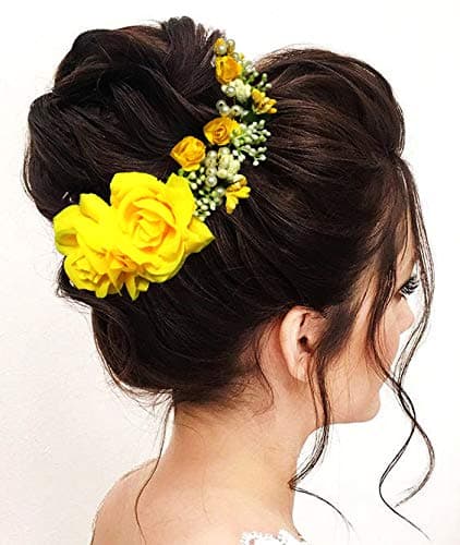 Hair Flare Women's Hair Vein, Rose and Pearl Gajra Style Hair Pin - Hair Bun Accessories For Girls, 2147 Yellow