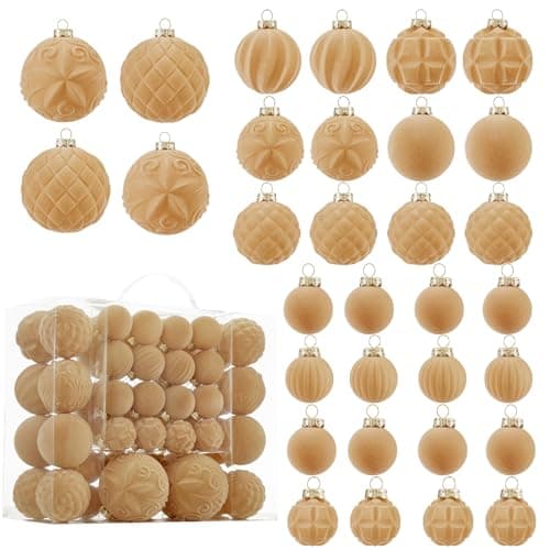 Velvet Christmas Ball Ornaments - 46pcs Flocked Christmas Tree Decorations Set Assorted Shatterproof Hanging Ornaments with Loop for Xmas Holiday Home Decor, 3 Sizes (Champagne)
