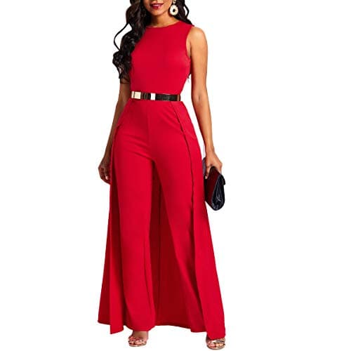 VERWIN Patchwork Overlay Embellished Plain Women's Jumpsuit High-Waist Woman Romper Red XXL