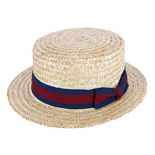 CTM Straw 2 Inch Brim Boater Hat with Navy Band and Elastic Sweatband, Large, Natural