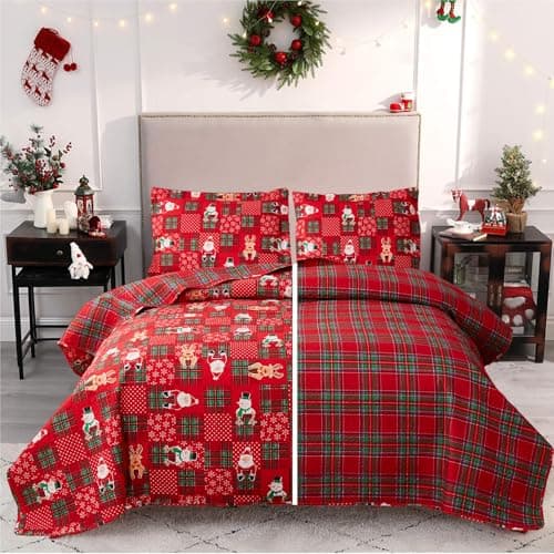 Belista Red Green Plaid Pattern Merry Christmas Quilt Set King Size Snowmen Santa Claus Reindeer Snowflake Reversible Xmas Bedding Sets New Year Holiday Coverlet Bed Set (Multi,King)