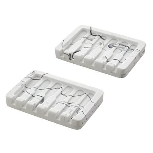 INIUNIK 2PCS Self Draining Soap Dish Marble Look Soap Holder Tray Savers Box Container Sponge Holder for Bathroom Shower Kitchen White
