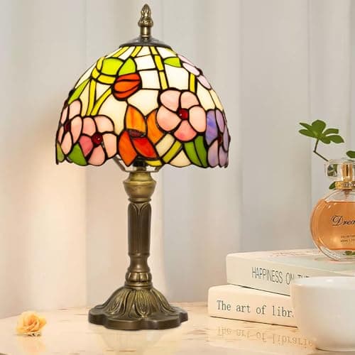 Ppbmocw Small Tiffany Table Lamp, 3 Color Temperature, 8 Inch Antique Stained Glass Lamp for Bedroom Living Room Home, Handcrafted Light, Included Bulb (F Four Leaf Flower)