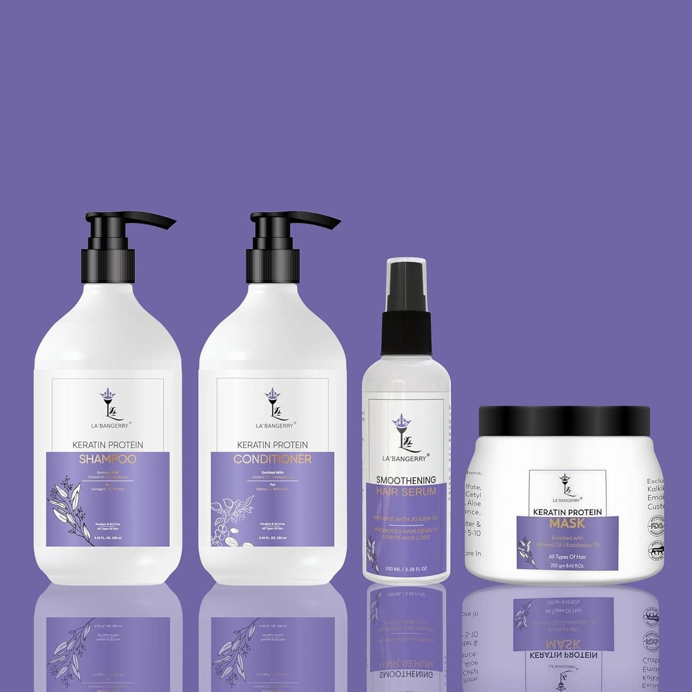 LABANGERRY Keratin Hair Combo Kit Keratin Hair ShampooConditioner Mask and Serum Infused with Keratin Almond Oil Jojoba Oil for Curly Wavy and Straight Hair Sulfate Free Shampoo for Dry Damaged or Color Treated Hair Reduces Dandruff Made in India