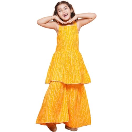 AJ DEZINES Kids Ethnic Wear Cotton Bandhani Printed Sleeveless A Line Yellow Kurta Sharara Set For Girls (G-1115-YELLOW-34)
