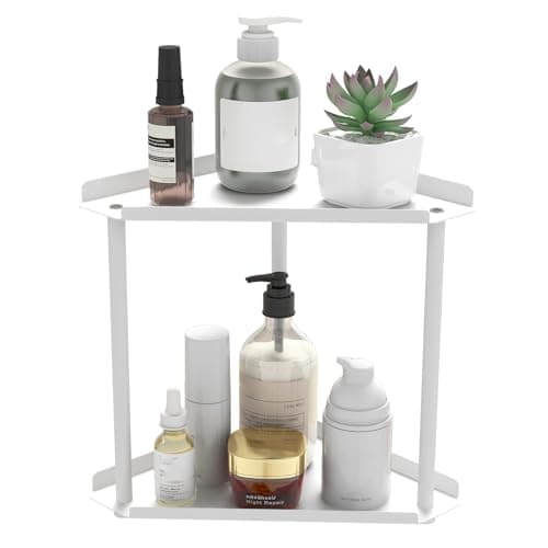 Jesginboo 2 Tier Bathroom Counter Organizer, Vanity Organizer Corner Shelf, Skincare, Makeup Countertop Organizers, Kitchen, Bathroom Counter Storage, White
