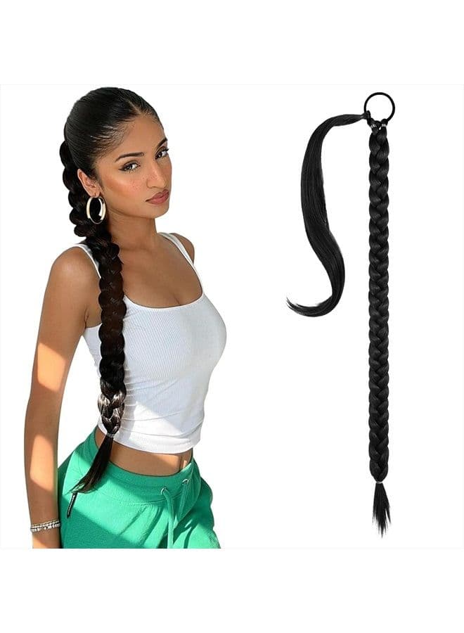 Long Braided Ponytail Extension with Hair Tie Straight Wrap Around Hair Extensions Ponytail Natural Soft Synthetic Hair Piece for Women Daily Wear 34 Inch 150 Gram Black
