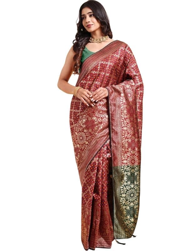 leeza store Women's Maroon Bandhani Banarasi Fusion Saree with Multicolour Woven Bandhani Pattern, Rich Pallu, Tasselled Border & Matching Running Blouse Piece – 5.5 m Saree + 0.8 m Blouse