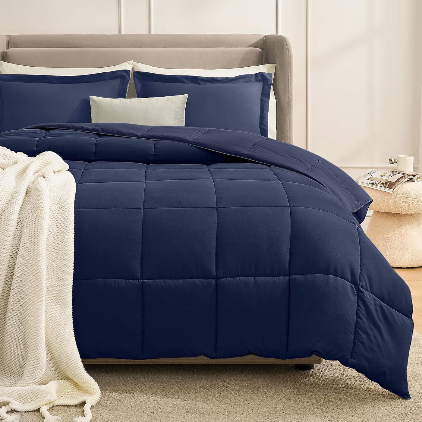 Homelike Moment Queen Comforter Set Soft Down Alternative Bedding Set Lightweight 3Pcs All Season SolidNavy Blue FullQueen Size