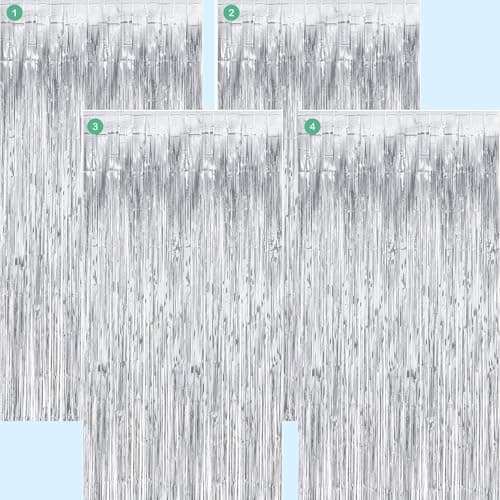 Mystic Toy Store 4 Pcs Foil Curtain Happy Birthday Decoration Kit Silver for Anniversary Baby Shower Boys Girls Kids Party Pack Items Itm Set Combo Aluminium Metallic Foil Fringe Shimmer