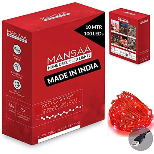 MANSAA 100 LED Fairy String Lights 10 Meter Copper Wire, USB Powered Warm Red Lights for Bedroom, Diwali, Wedding, Party, Curtain, Balcony & Home Decoration Lighting (Pack of 1, 18 Months Warranty)