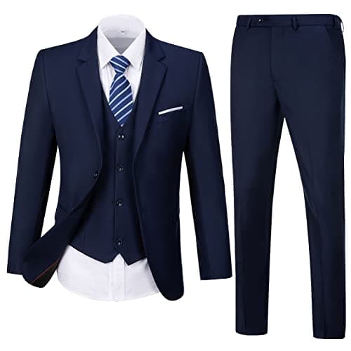 Men's 3 Piece Suit Elegant Two Button Slim Fit Suit Blazer Prom Wedding Tuxedo Suit Solid Jacket Vest Pants for Men Navy Suit for Men S