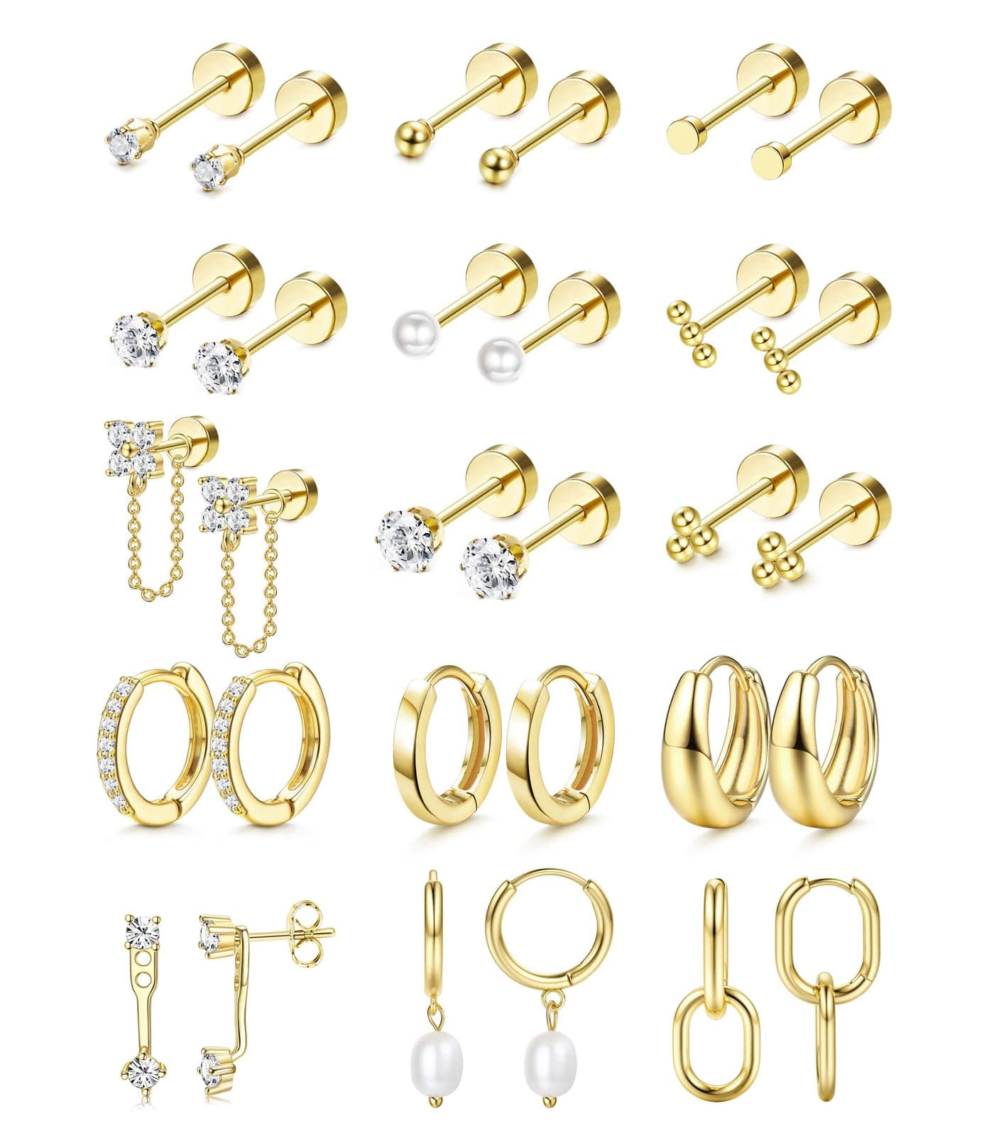 LOLIAS Flat Back Earrings for Women Hypoallergenic Surgical Steel Earrings for Sensitive Ears-20G Cartilage Earring Stacks 14K Gold Plated Hoops Flatback Stud Earring Sets for Multiple Piercing 14K Gold Plated