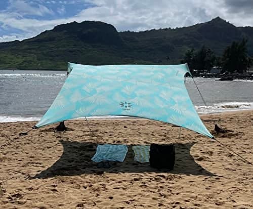 Neso Grande Portable Beach Tent Sun Shelter - Lightweight Beach Shade Canopy - Easy Setup for Family Outings - Patented Reinforced Corners - UPF 50+ Sun Protection - 7ft Tall, 9 x 9ft - Aqua Fronds